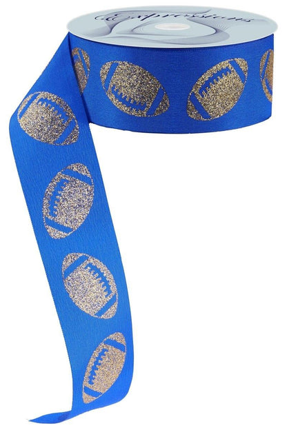 1.5" Glitter Football Ribbon: Royal Blue/Gold (100 Feet)