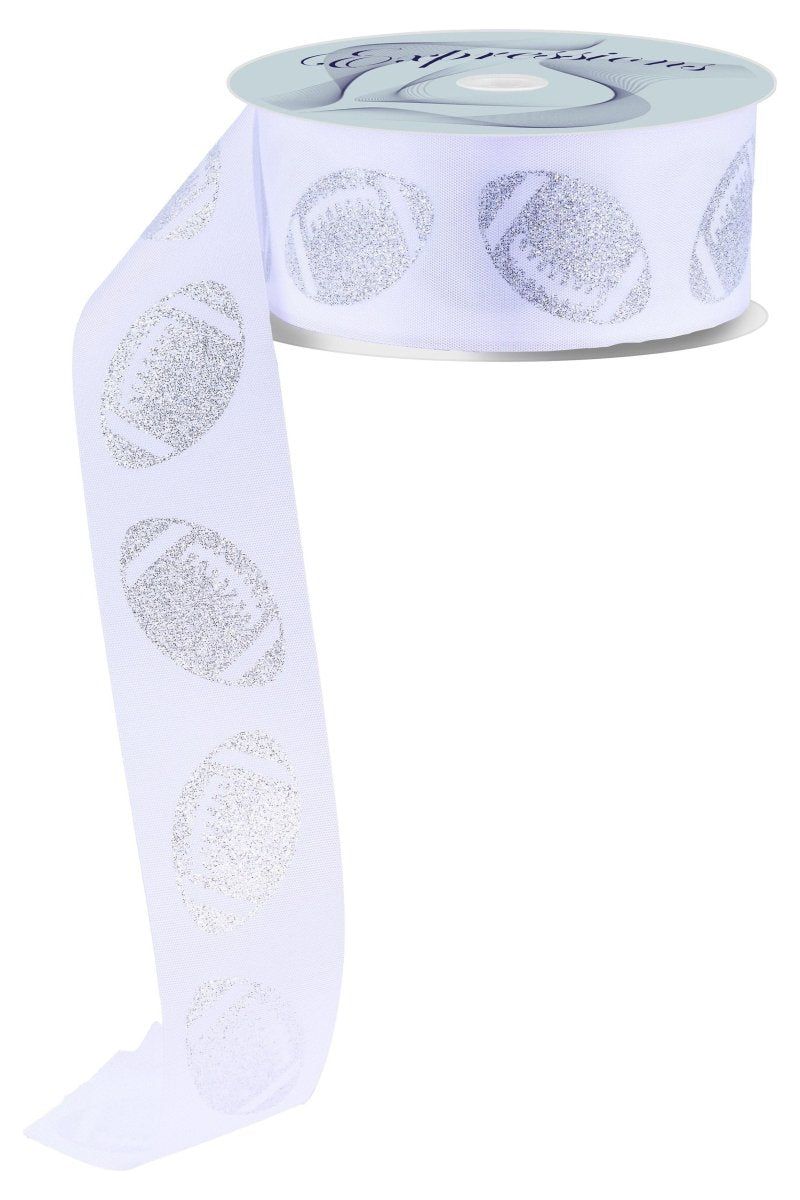 1.5" Glitter Football Ribbon: White/Silver (100 Feet)